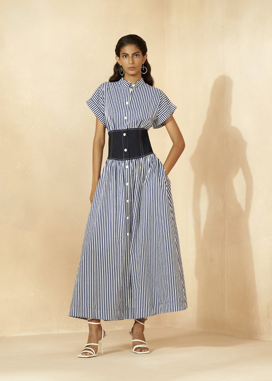 Stipe Dress With Denim Yoke