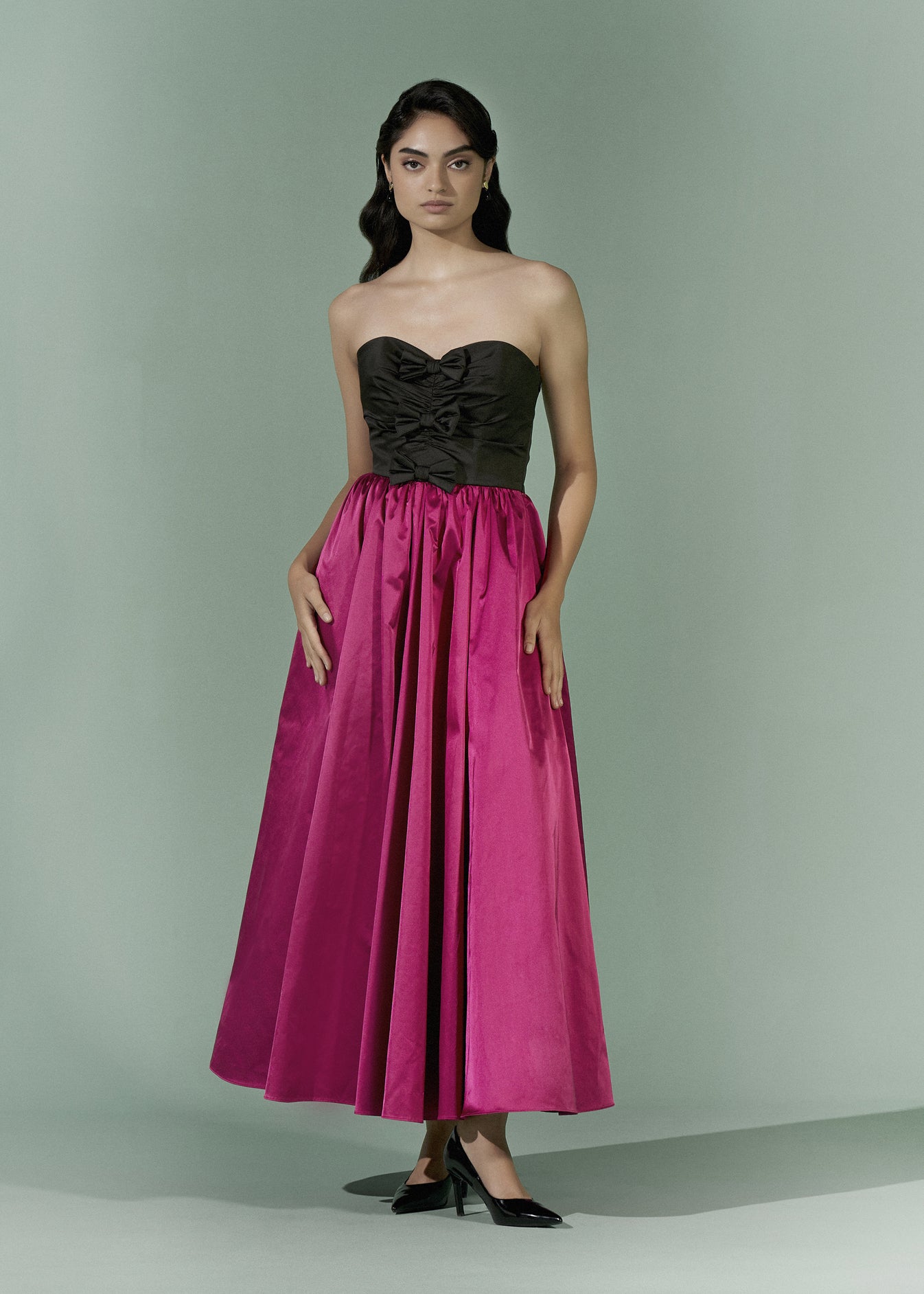 Colour Blocking strapless dress with front Bow