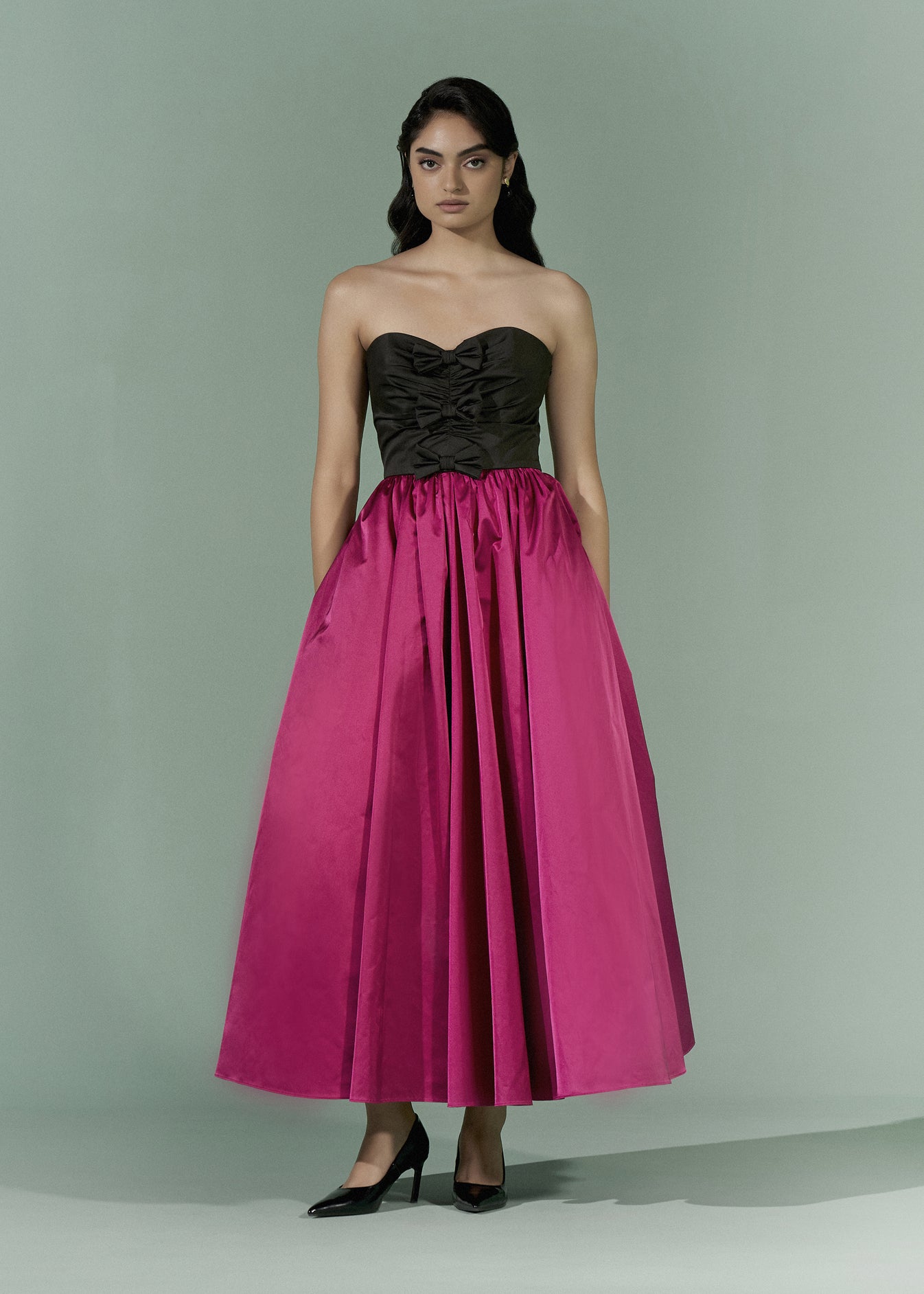 Colour Blocking strapless dress with front Bow