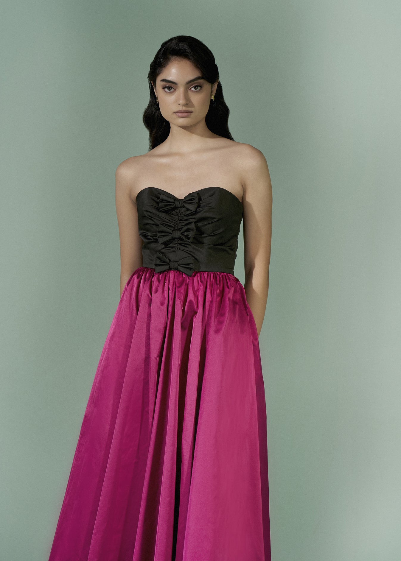 Colour Blocking strapless dress with front Bow