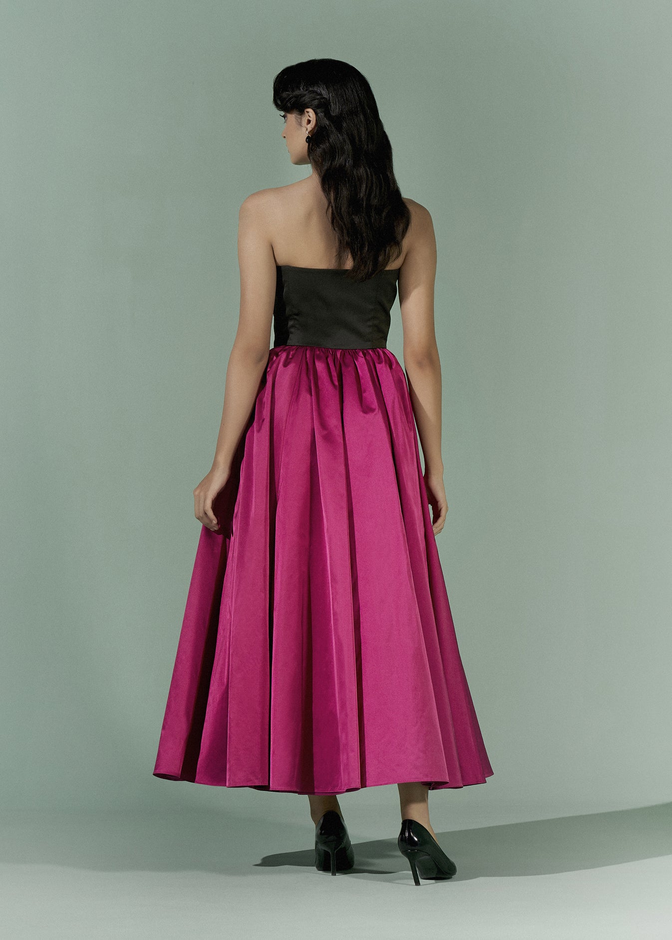 Colour Blocking strapless dress with front Bow