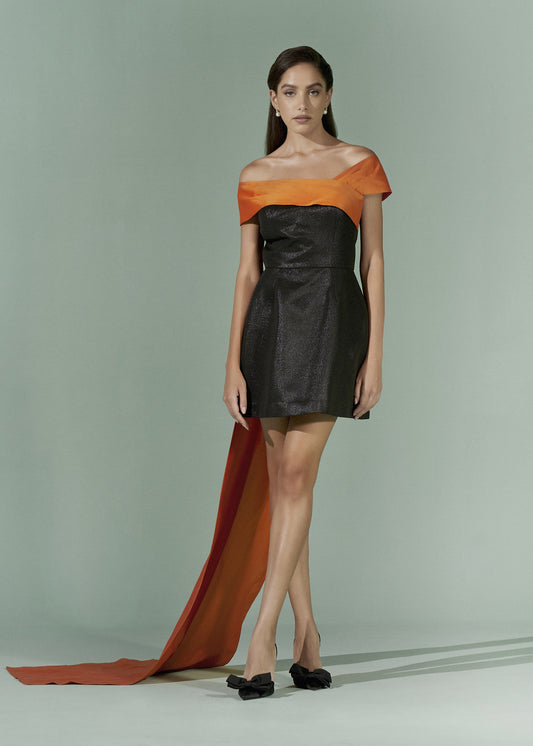 Off shoulder mini dress with back trail