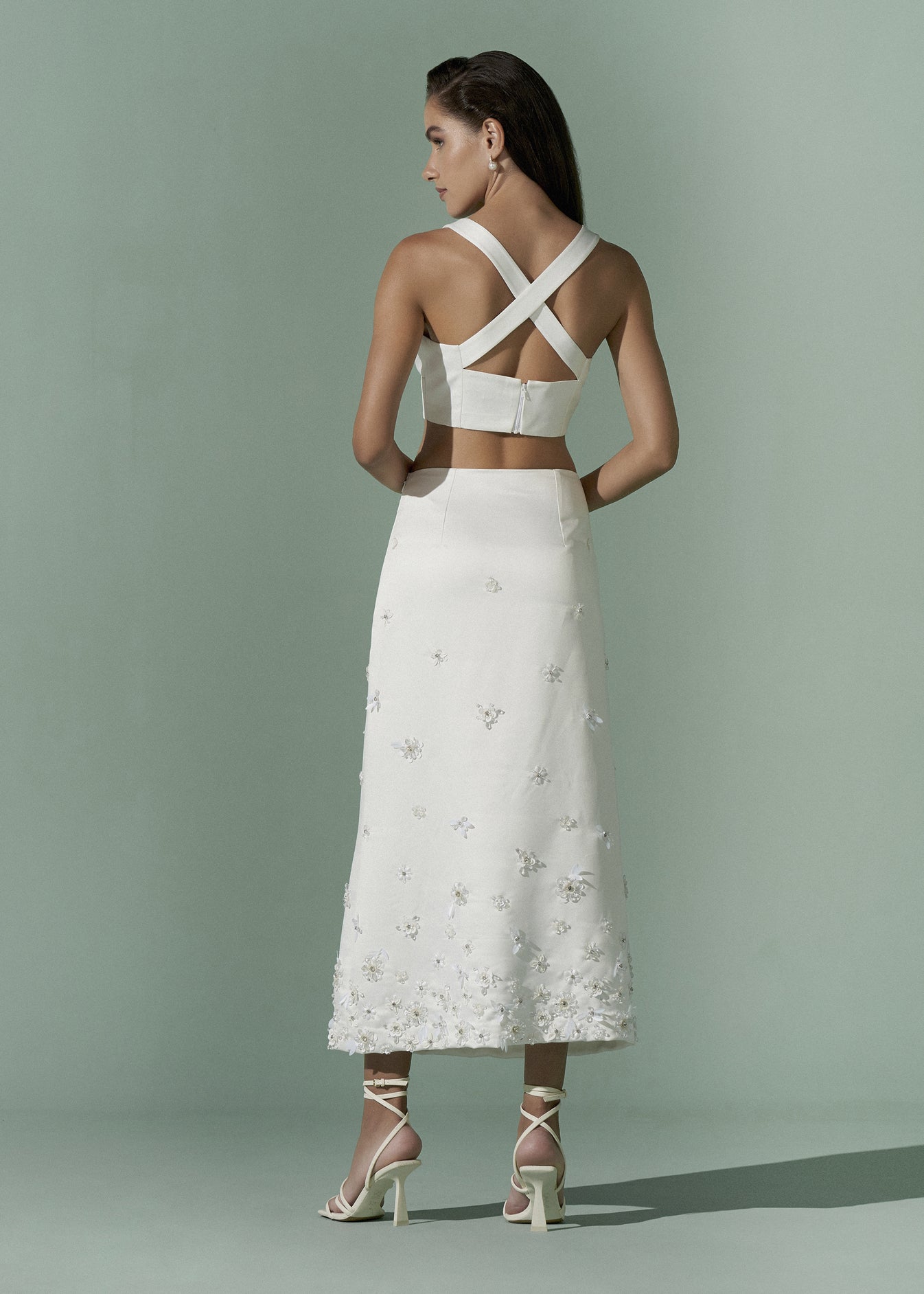 Embellish A-line Skirt and Deep V-neckline Crop Top - Full Set - SALE