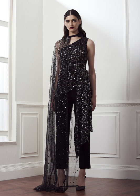 Black Sequin Embroidered One Shoulder Top With Drape