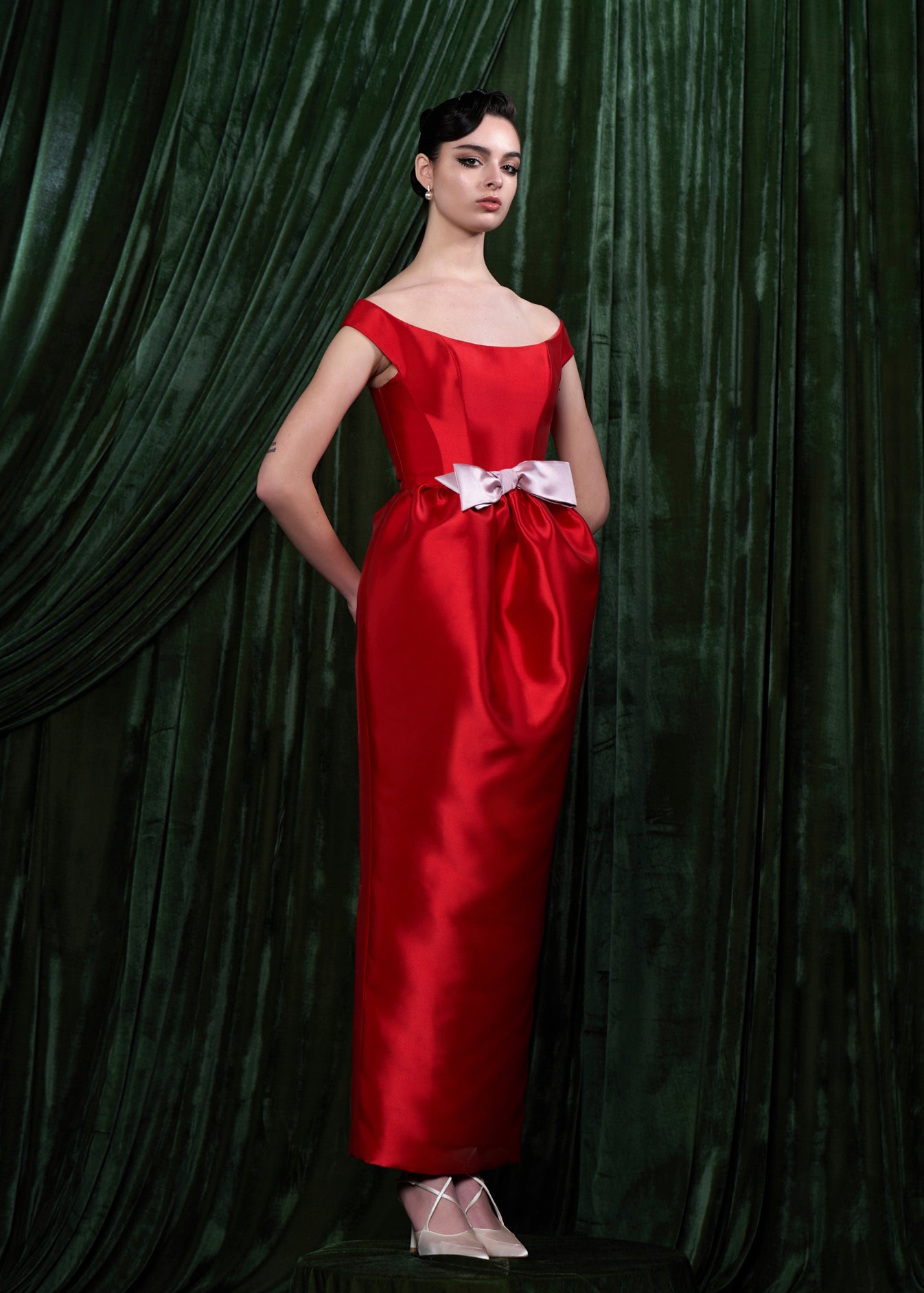 Off-Shoulder Satin Gown With Contrast Bow Detail