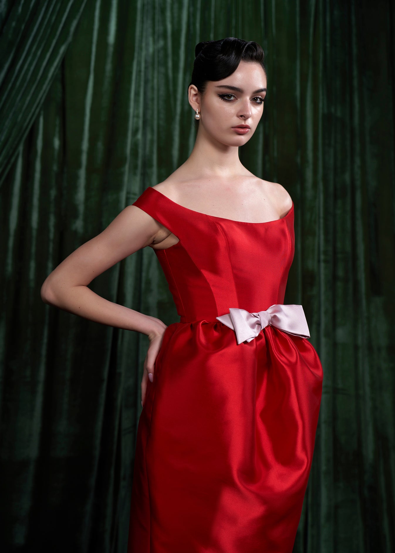 Off-Shoulder Satin Gown With Contrast Bow Detail
