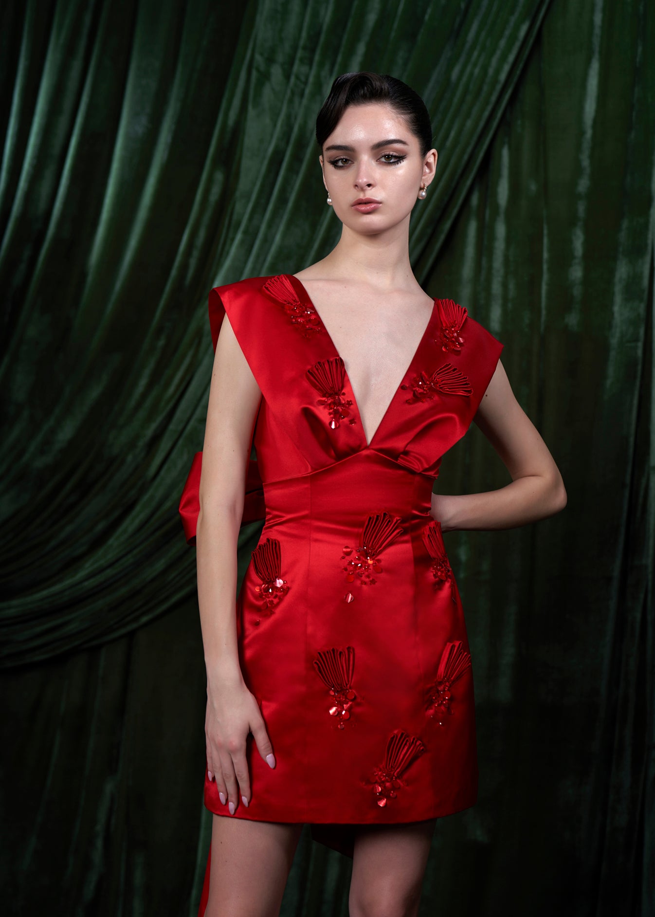 Embroidered Satin Mini Dress With Sash Detail