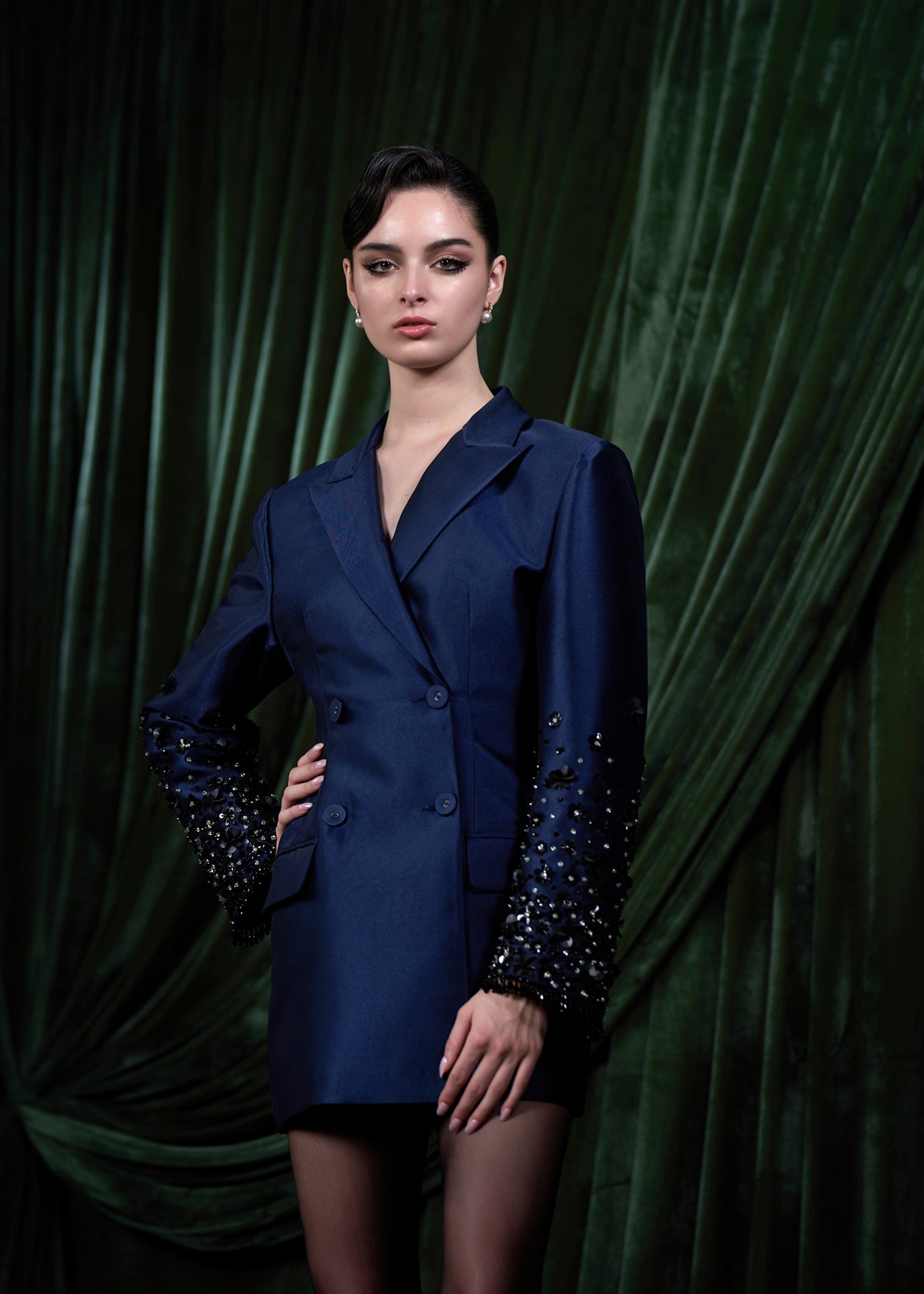 Embellished Sleeve Double Breasted Blazer Mini Dress