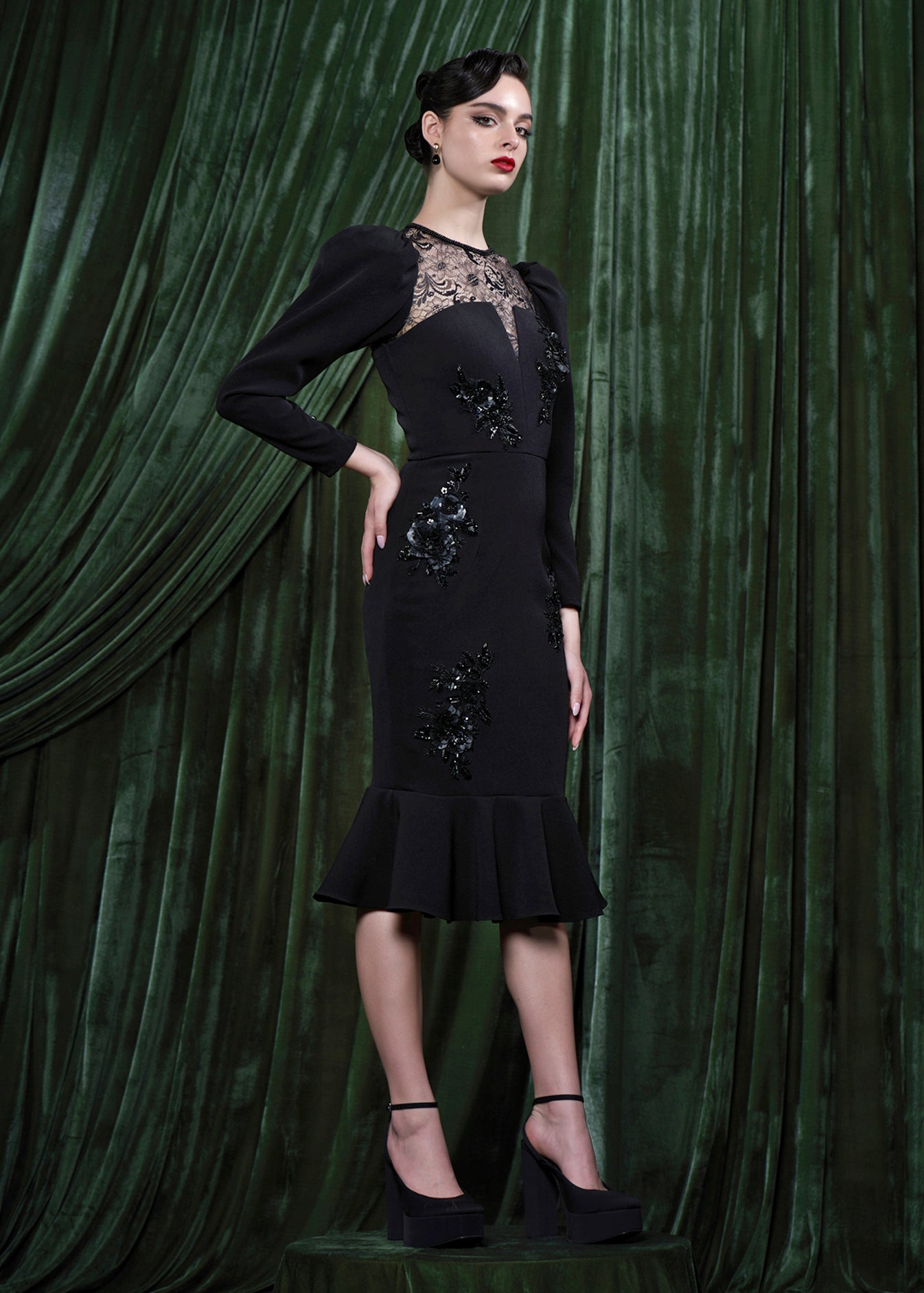 Embellished Lace Yoke Midi Dress With Flounce Hem
