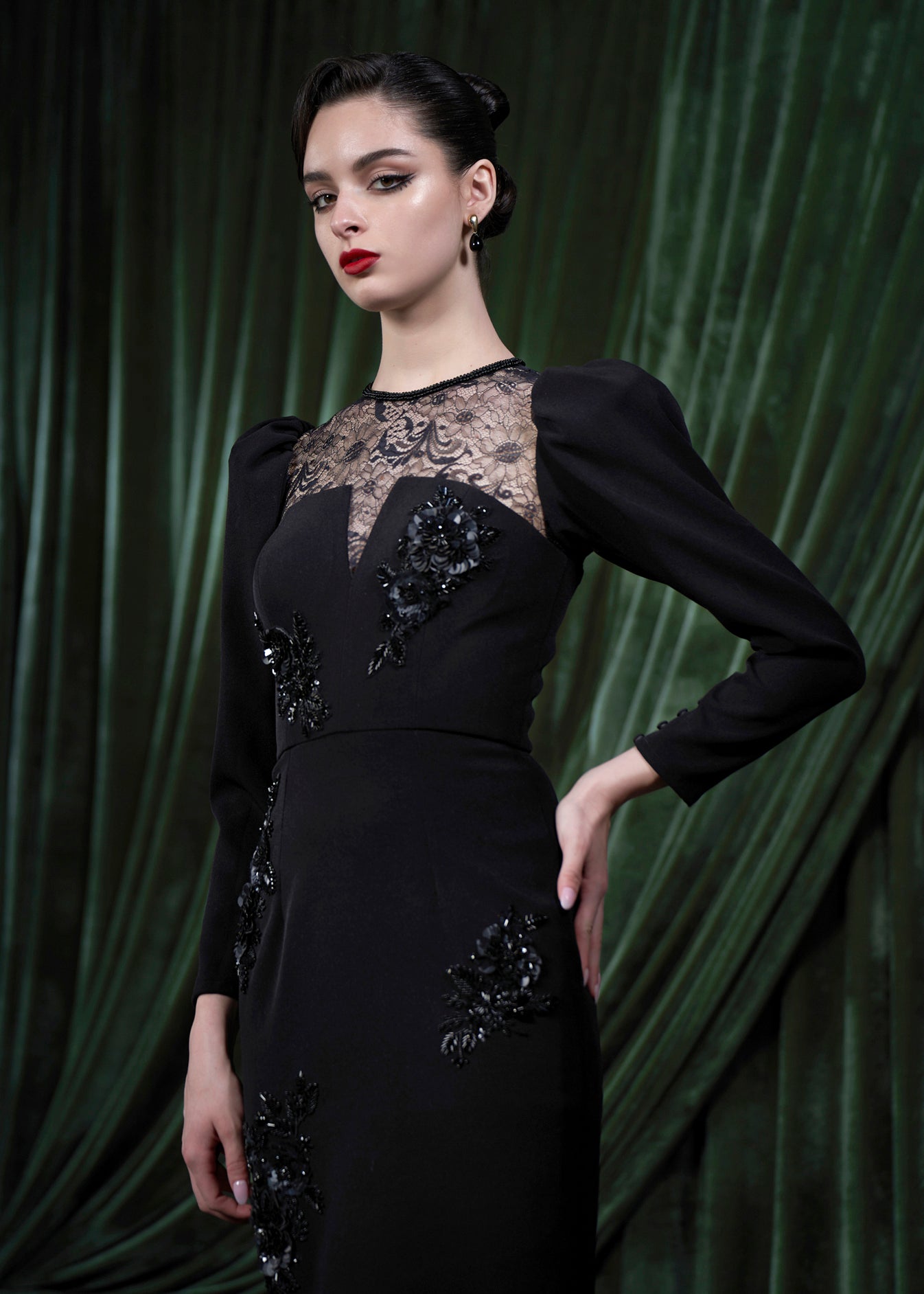 Embellished Lace Yoke Midi Dress With Flounce Hem