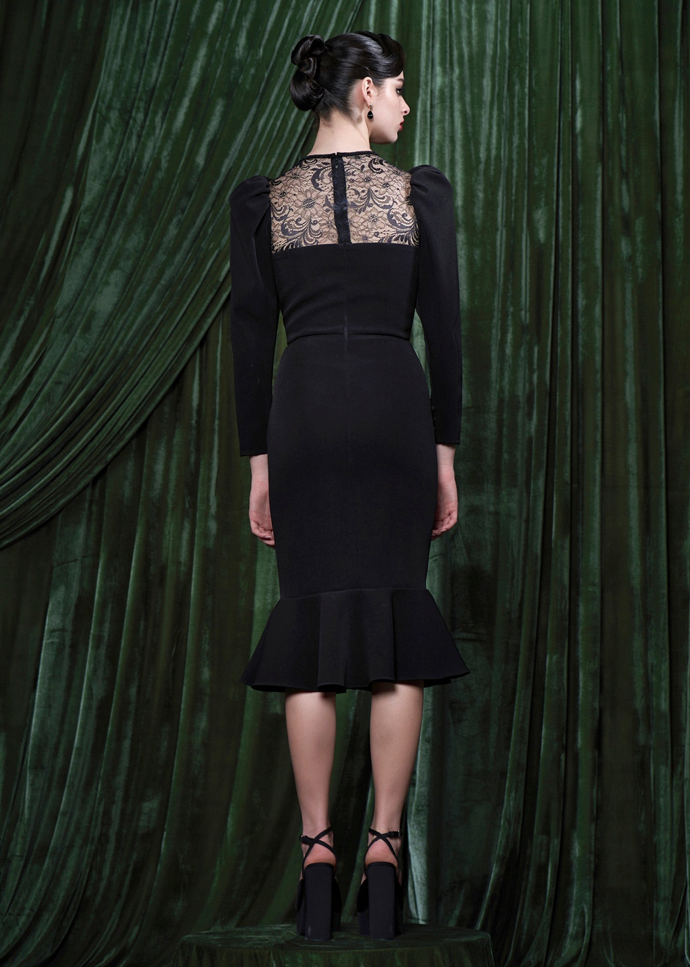 Embellished Lace Yoke Midi Dress With Flounce Hem