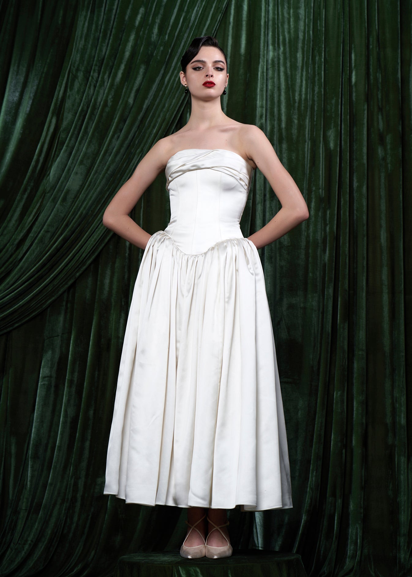 Strapless Satin Corset Gown With Gathered Full Skirt