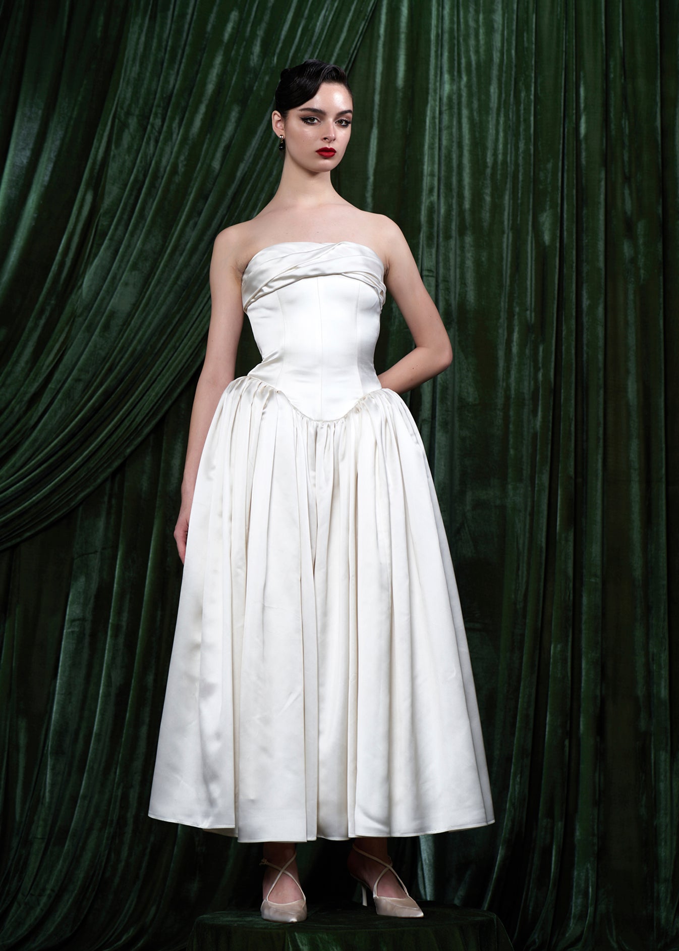 Strapless Satin Corset Gown With Gathered Full Skirt