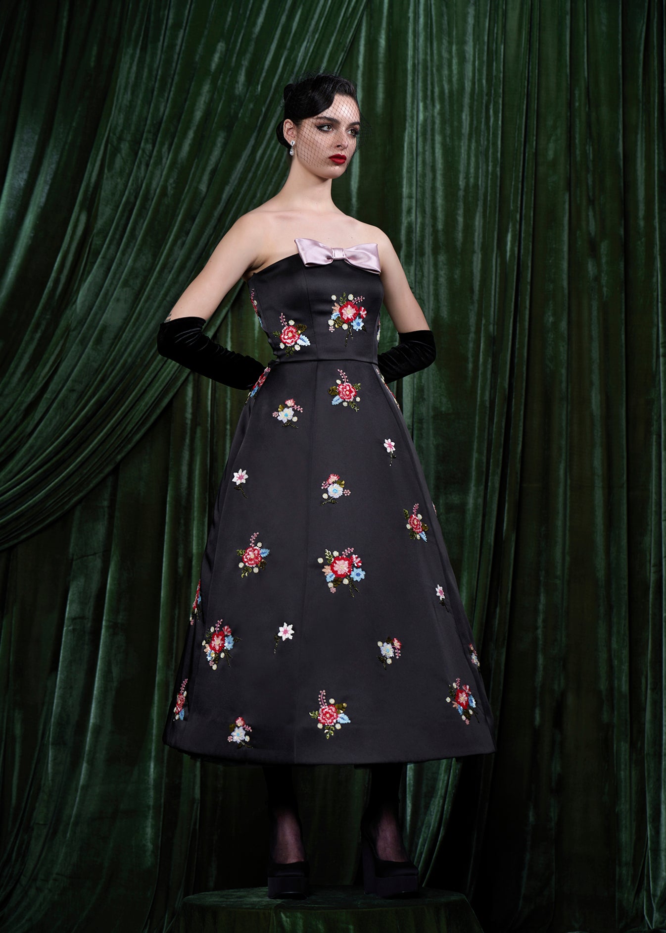 Strapless Embroidered Floral Satin Gown With Contrast Bow