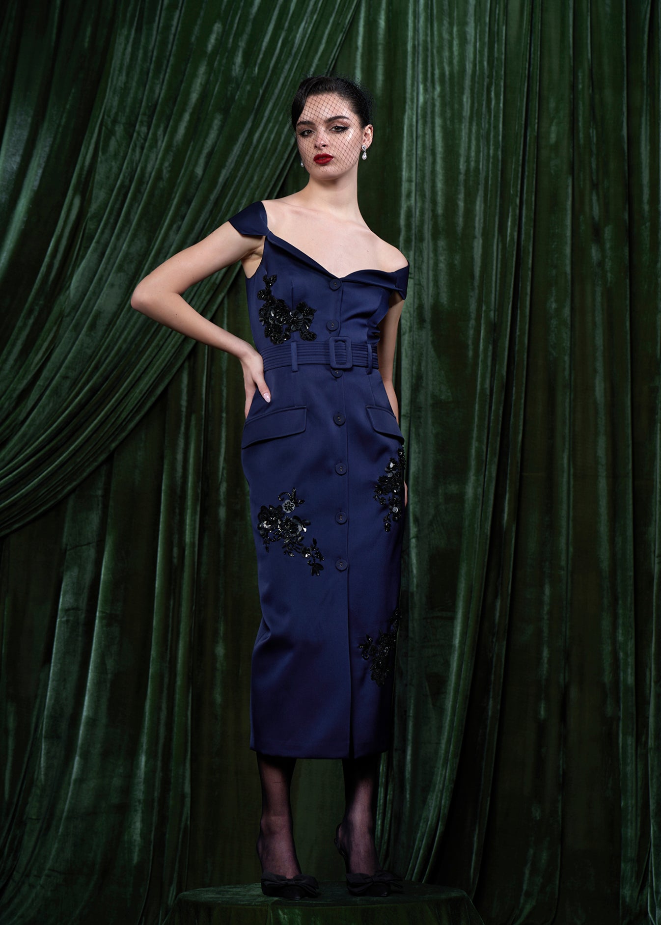 Off-Shoulder Embellished Button-Front Satin Midi Dress