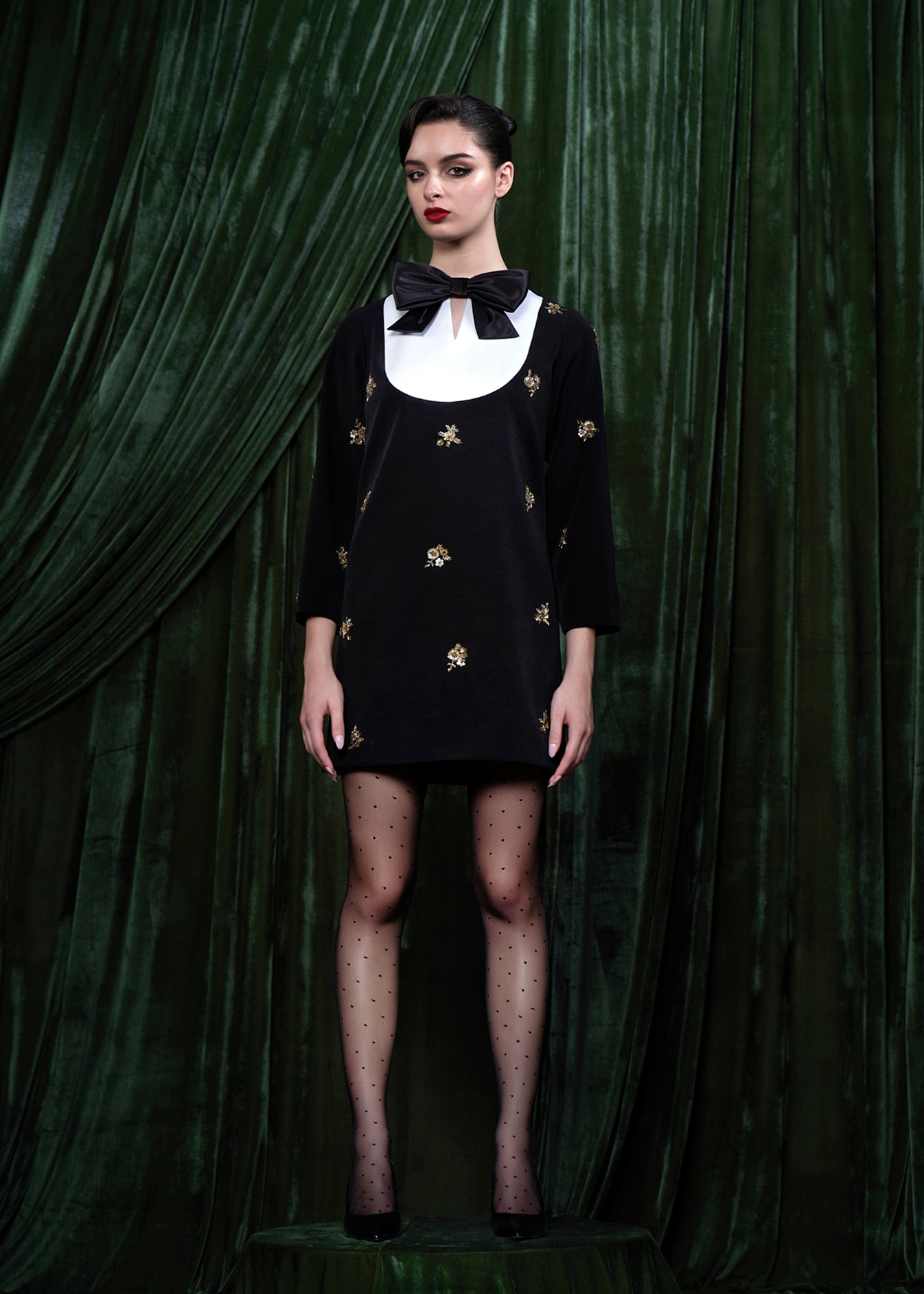 Embroidered Mini Dress With Contrast Yoke And Bow Detail