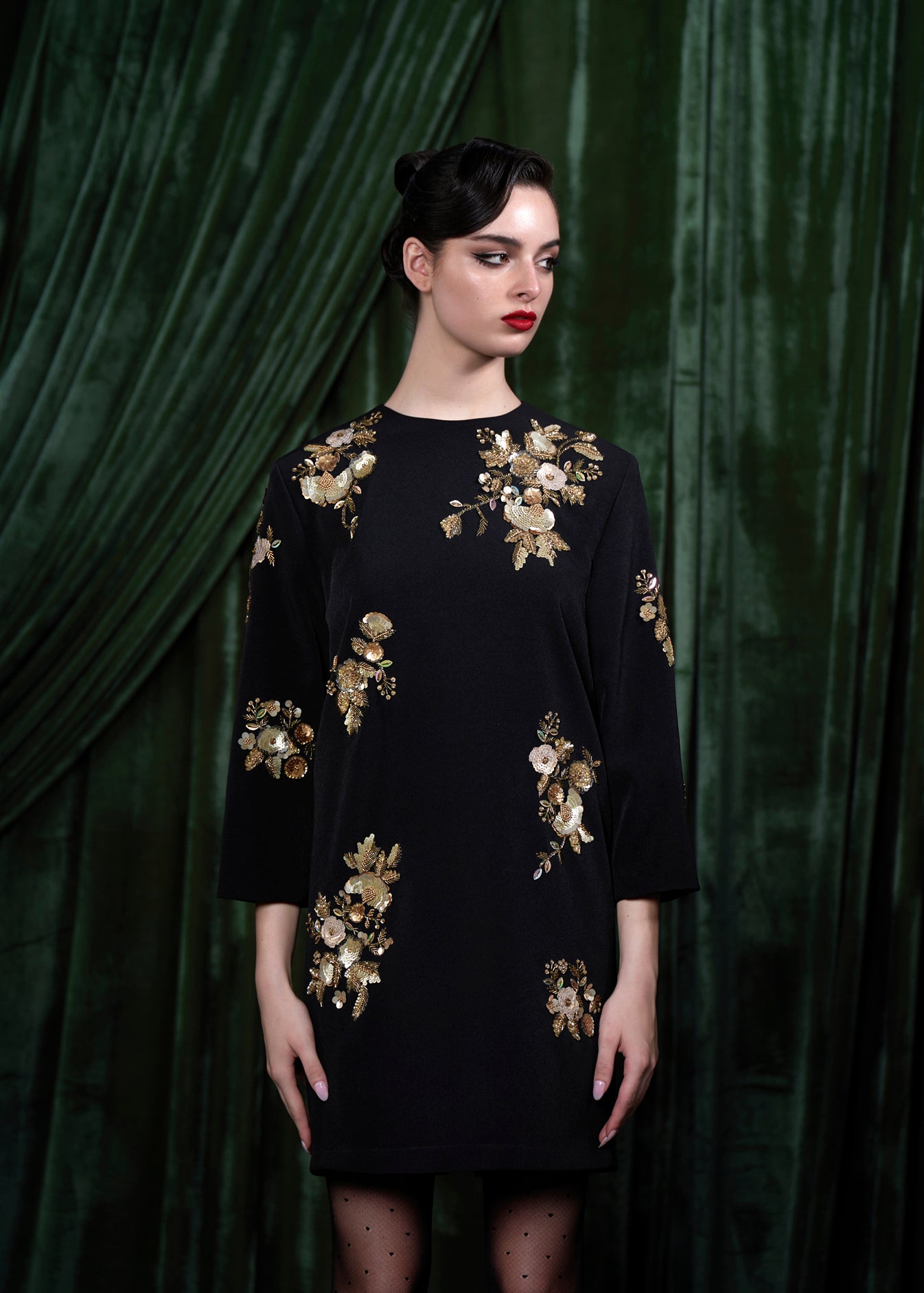 Gold Floral Embroidered Long Sleeve Mini Dress