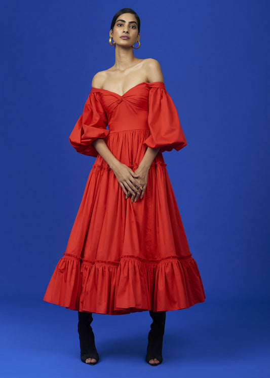 Scarlet Elegance Midi Dress