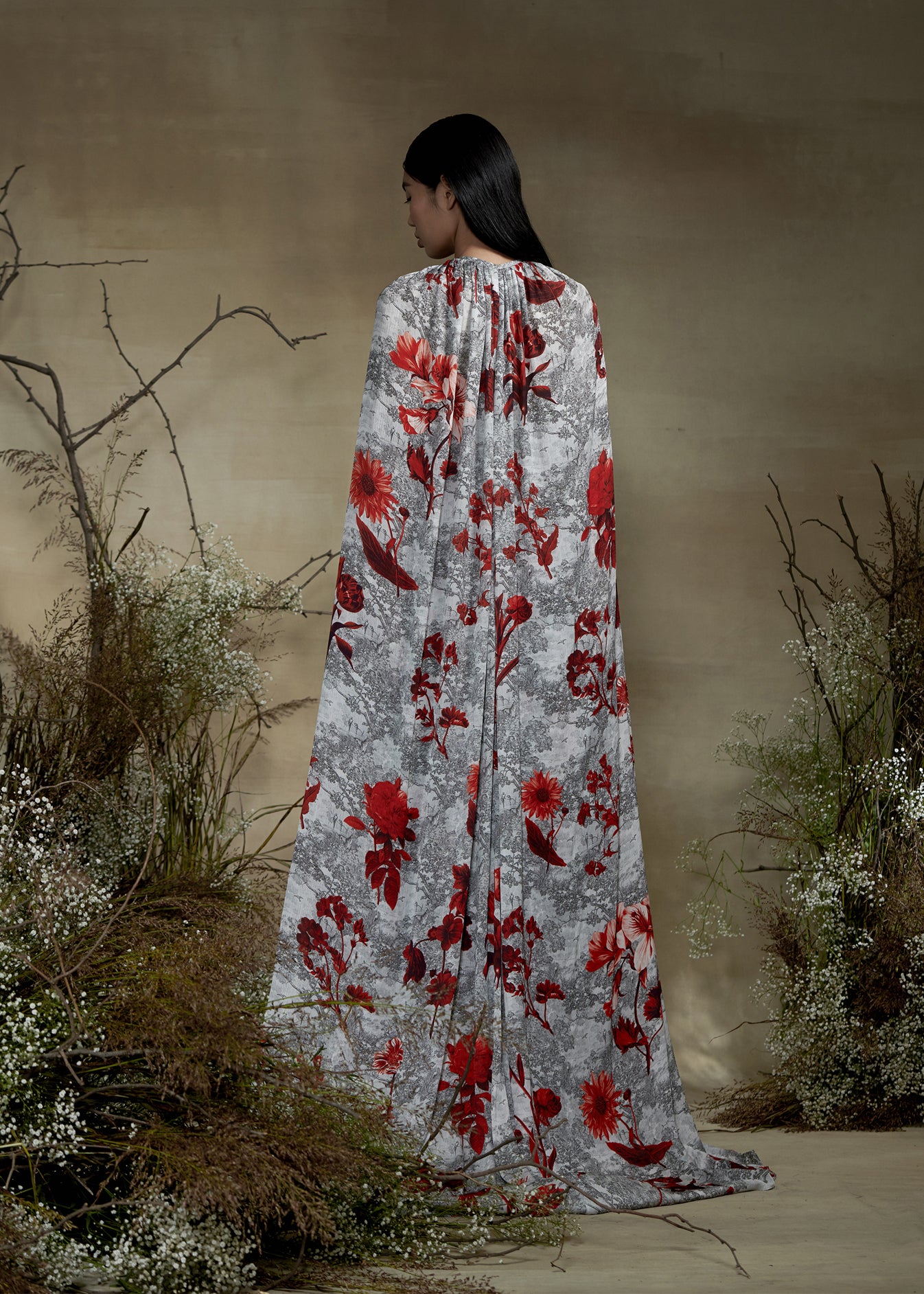 Printed Dress With Lace Cape