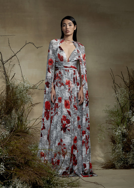 Printed Dress With Lace Cape