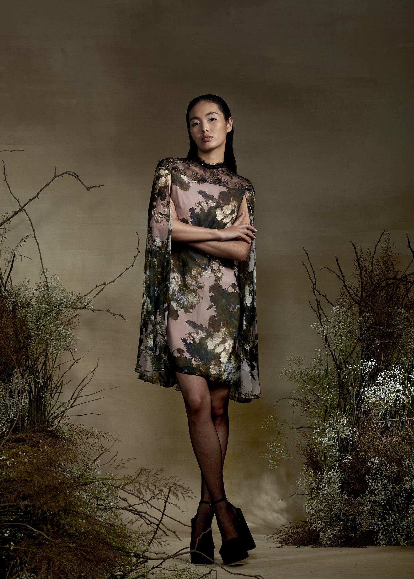 Printed Mini Dress With Cape