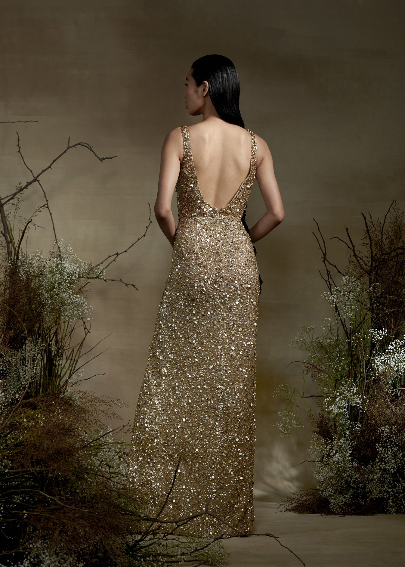 Gold Beaded Gown With Flower Patch