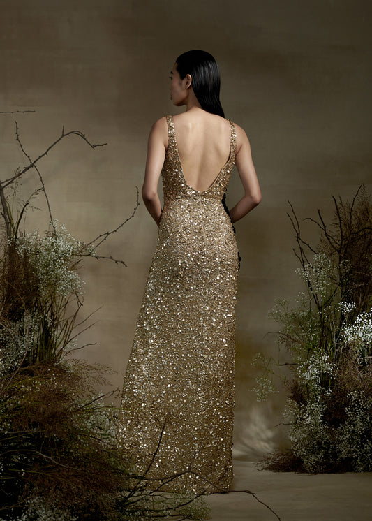Gold Beaded Gown With Flower Patch