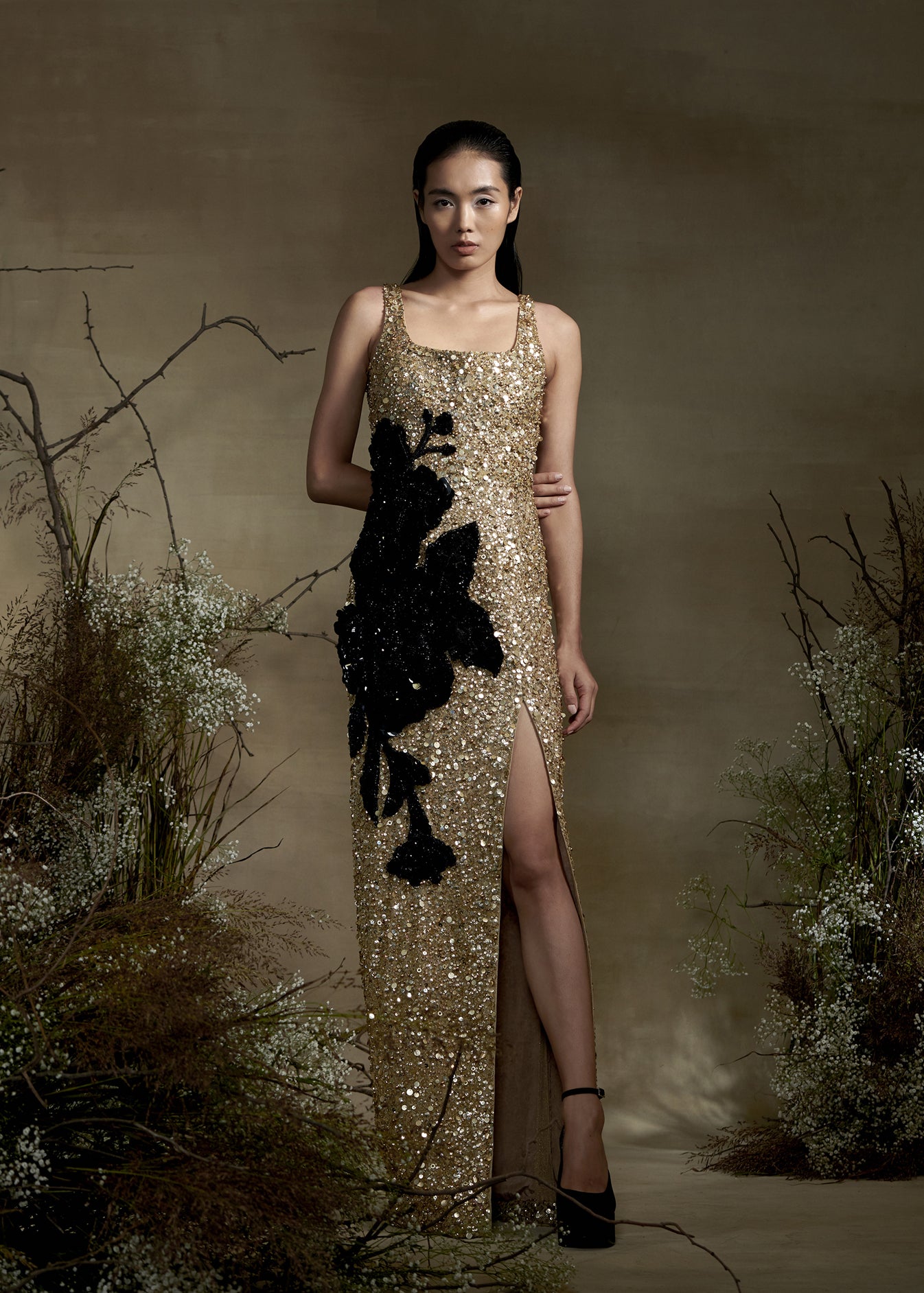 Gold Beaded Gown With Flower Patch