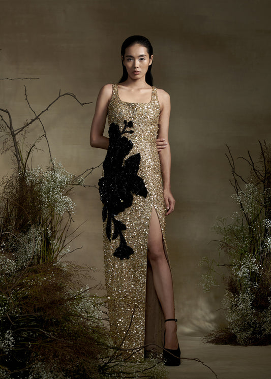 Gold Beaded Gown With Flower Patch