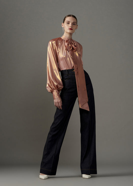 Gold Shimmer Pussy Bow Blouse
