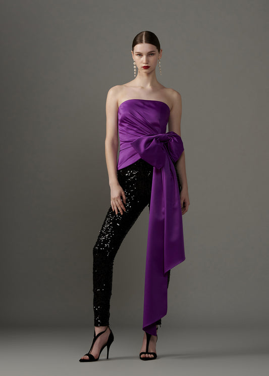Strapless Bustier With Draped Fabric And Stitched Bow