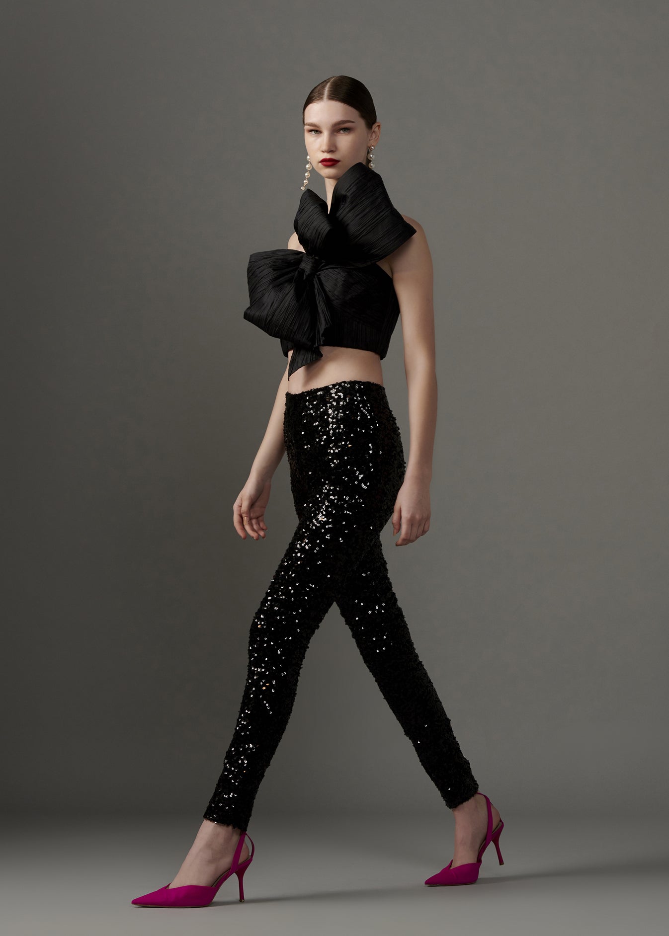 Sequined Slim Fit Pants and Bow Detaling Crop Top - Full Set - SALE