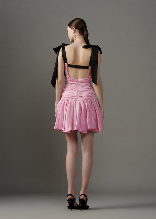 Gathered Mini Dress With Bow Tie-up