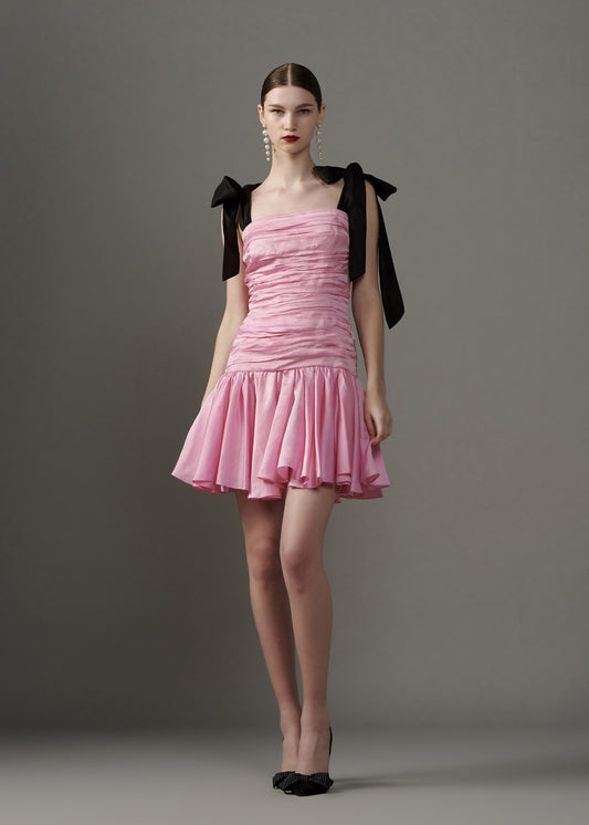 Gathered Mini Dress With Bow Tie-up