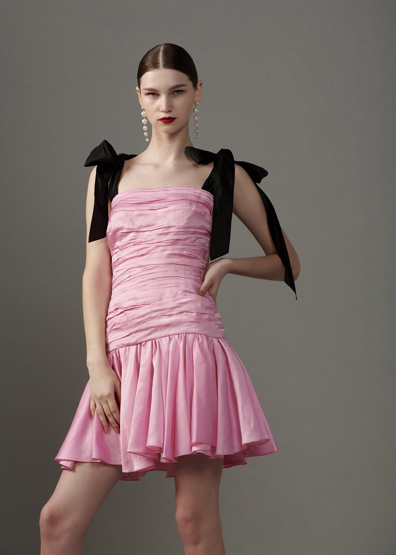 Gathered Mini Dress With Bow Tie-up