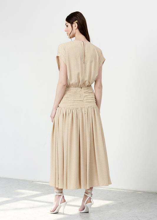 Printed Midi Dress With Drape Waist