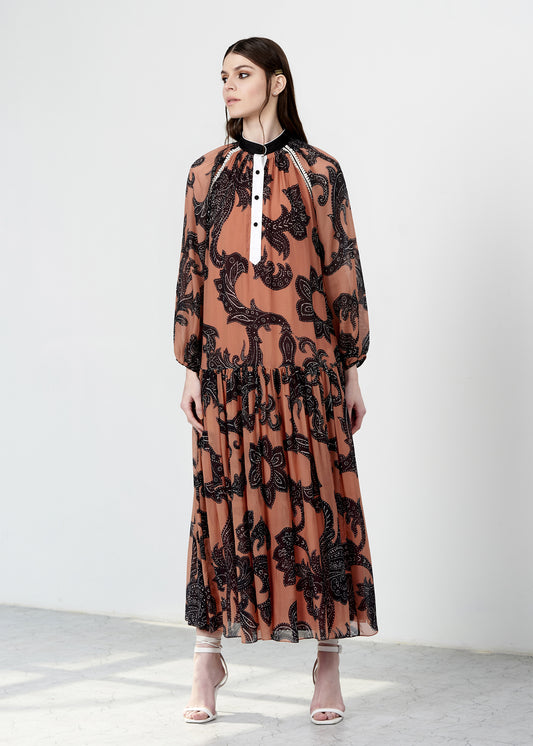 Printed Band Collar Midi Dress
