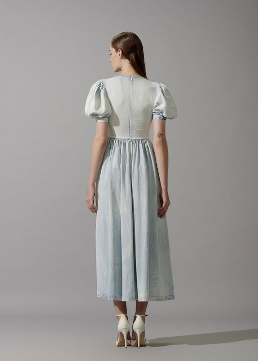 Denim Dress With Puff Sleeves