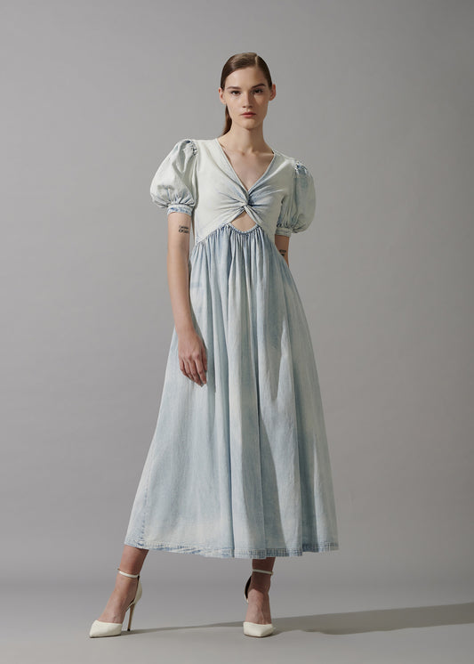 Denim Dress With Puff Sleeves
