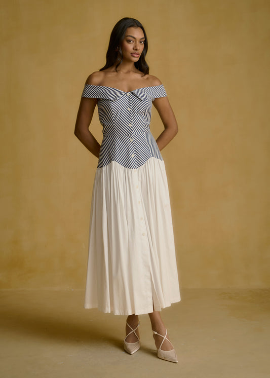 Off-Shoulder Striped Bodice Dress With Fluid Ivory Skirt