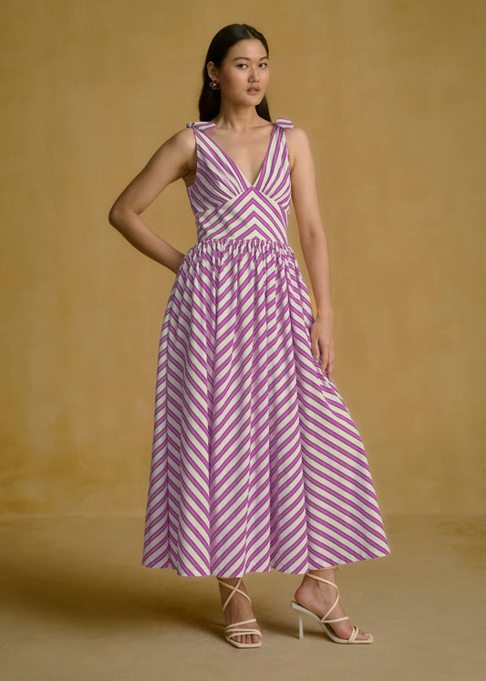 Pink Striped Midi Dress With V Neck
