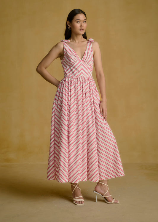 Pink Striped Midi Dress With V Neck