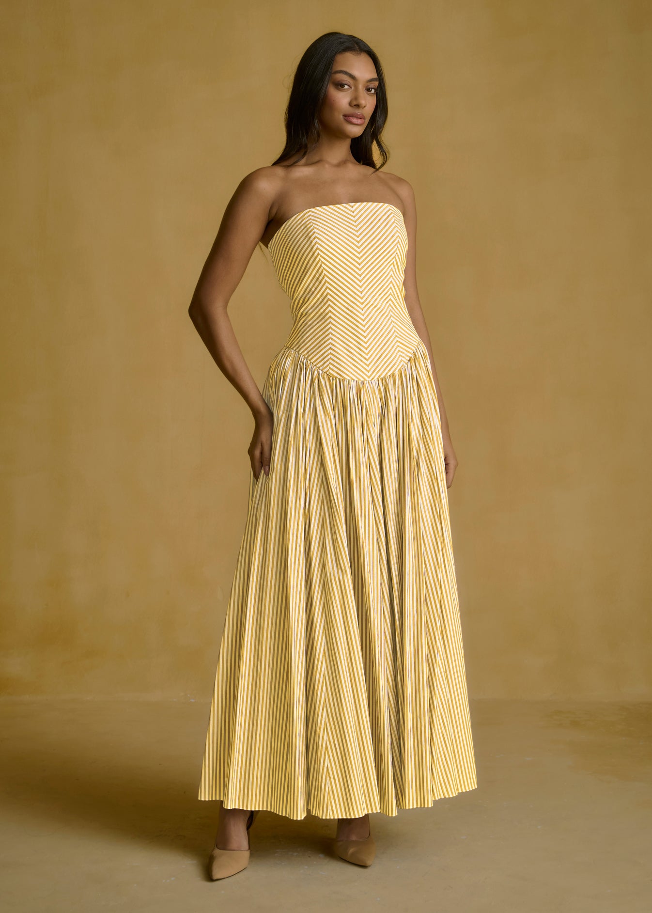 Strapless Striped Corset Dress With Pleated Skirt