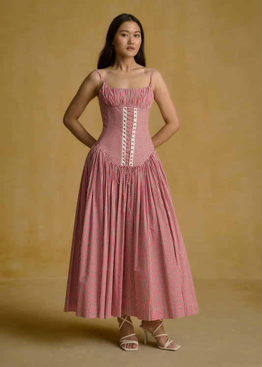 Gingham Corset Midi Dress With Lace-Up Detailing