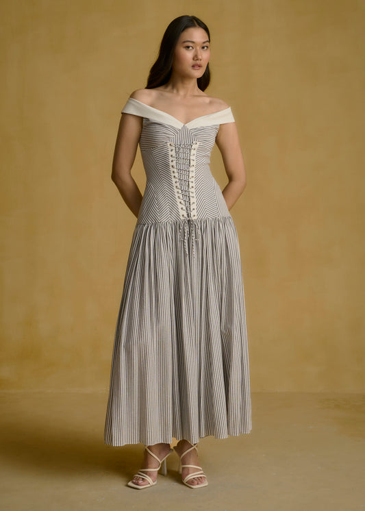 Off-Shoulder Corseted Midi Dress