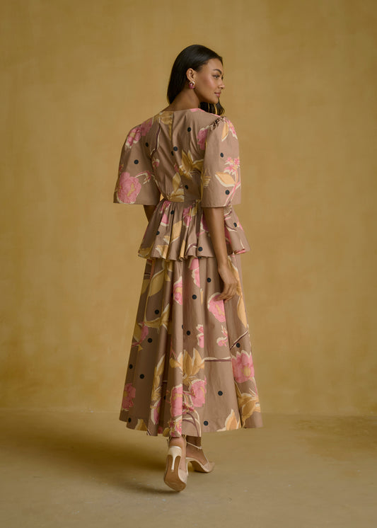 V-Neck Floral Peplum Midi