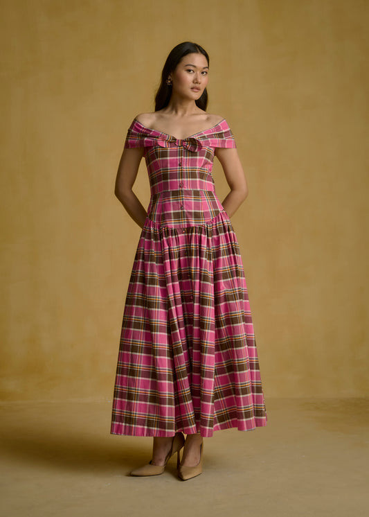 Off-Shoulder Bow Detail Plaid Dress