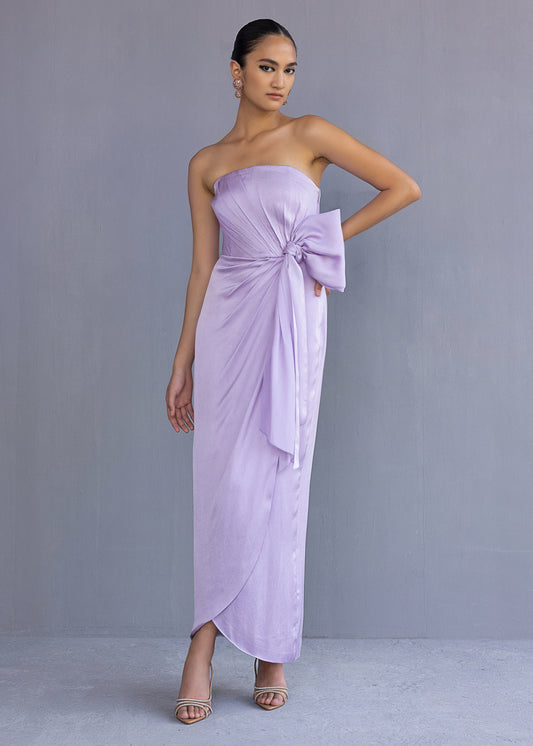 Strapless Draped Dress With Bow