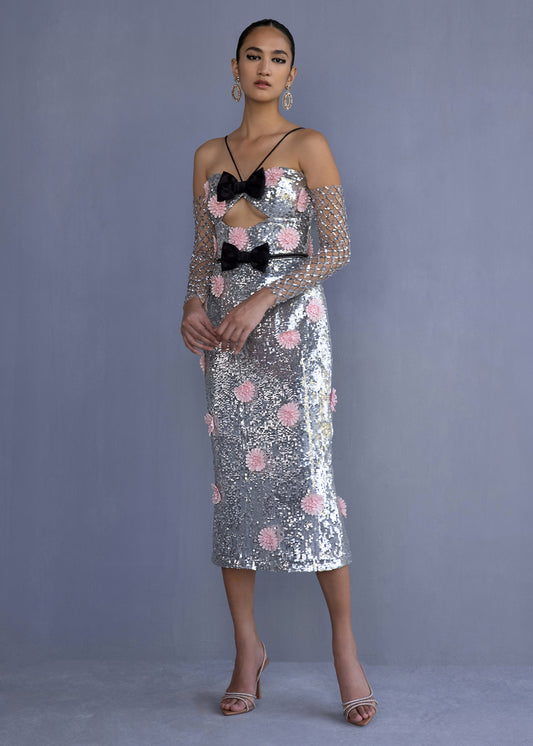 Sequined  Midi Dress With Floral Applique