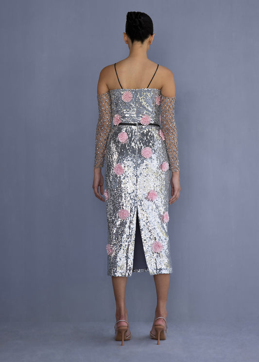 Sequined  Midi Dress With Floral Applique